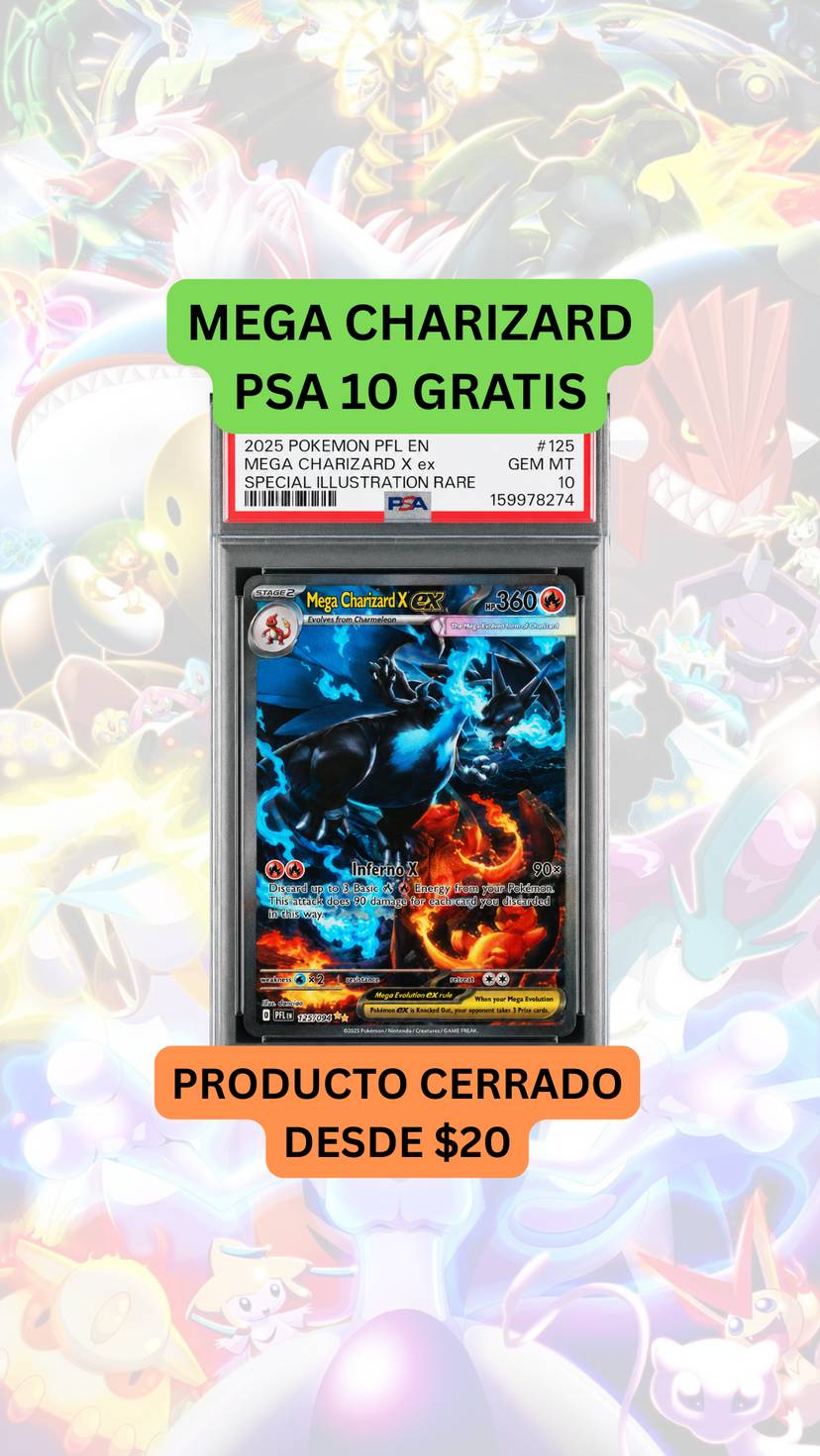 🚨PRODUCTO CERRADO desde $20🚨MEGA CHARIZARD PSA 10 GRATIS🚨
