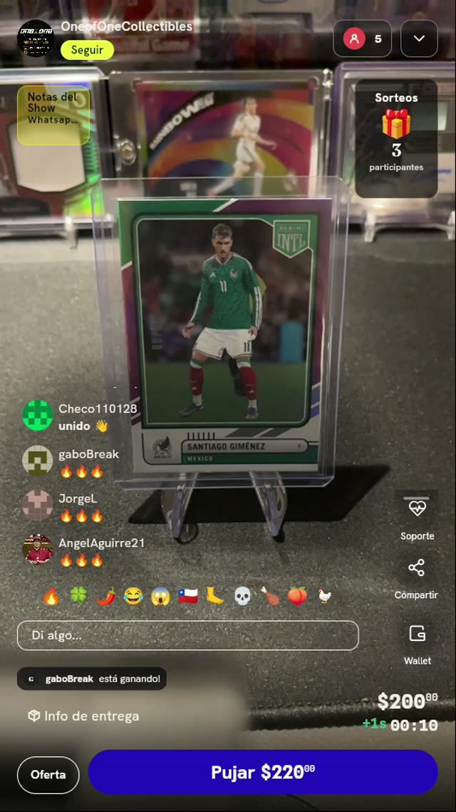 Tarjeta Panini INTL Santiago Giménez México