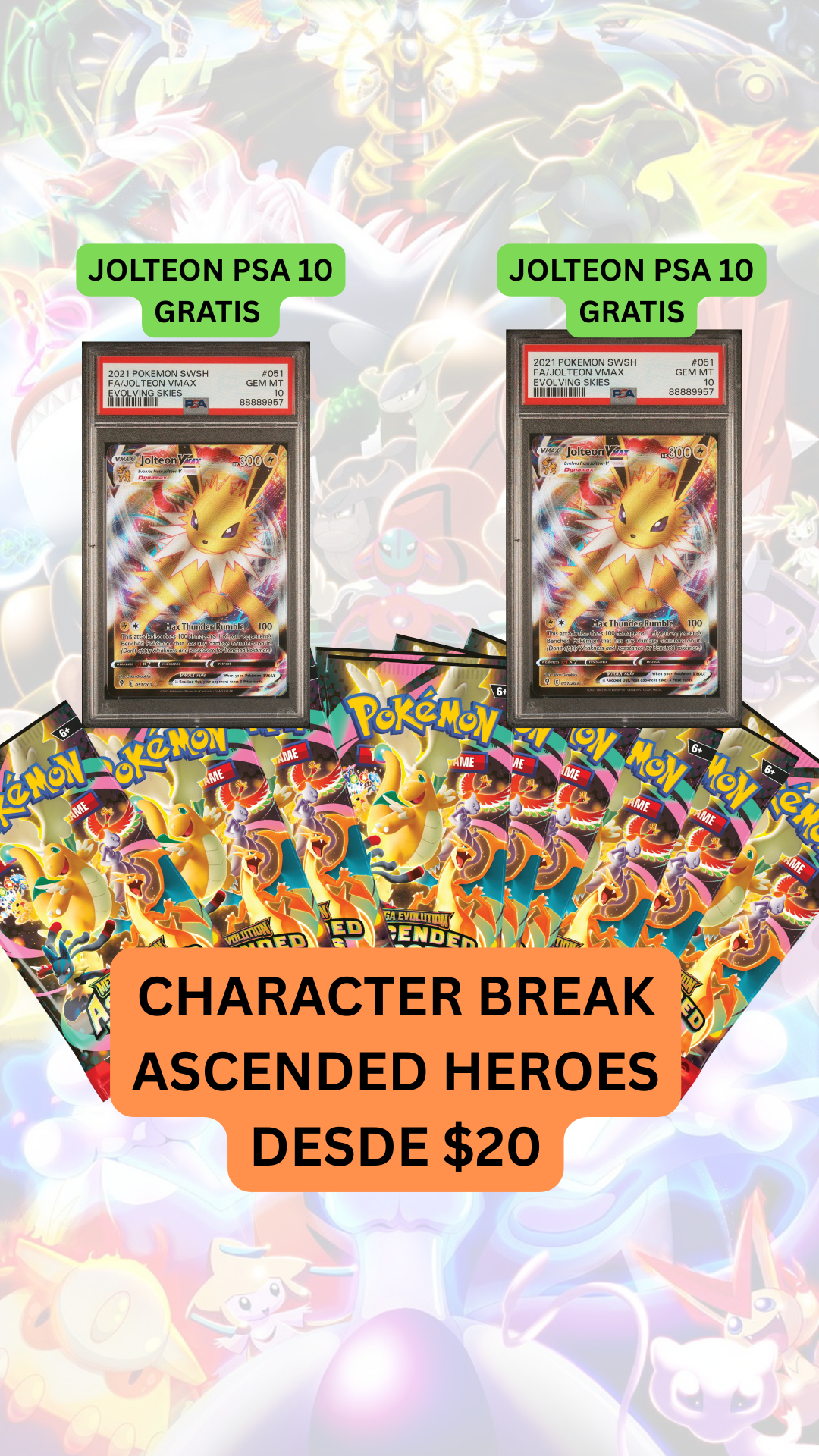 🚨BREAK ASCENDED HEROES desde $20🚨JOLTEON PSA 10 GRATIS