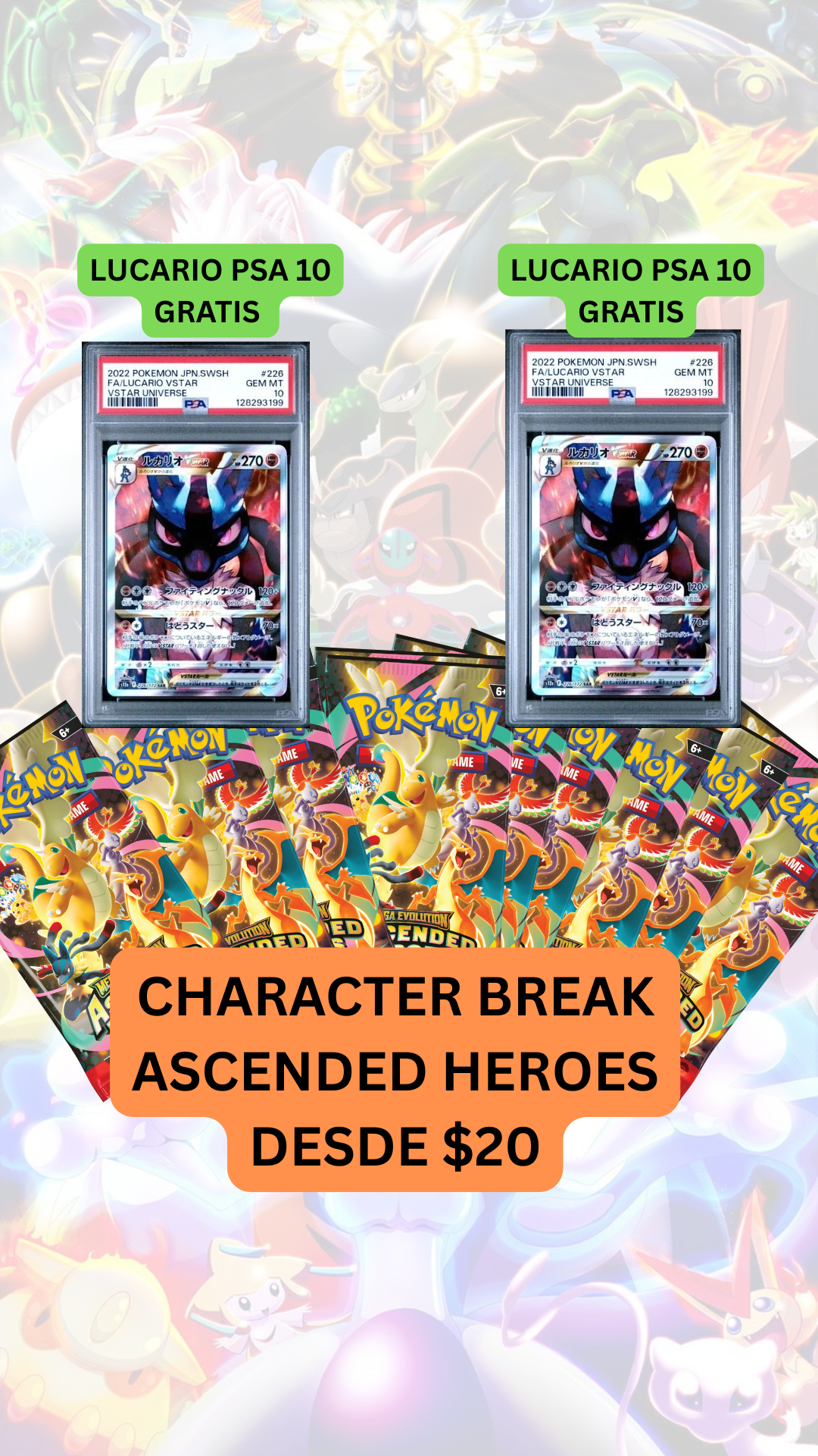 🚨ASCENDED BREAK desde $20🚨LUCARIO PSA 10 GRATIS