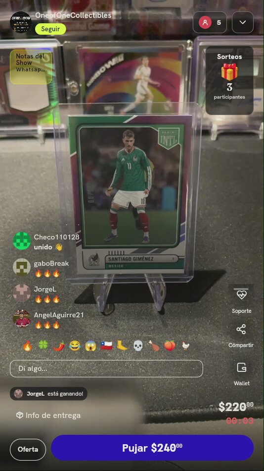 Tarjeta Panini INTL Santiago Giménez México